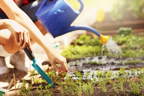 Workers applying health and safety measures during landscaping work